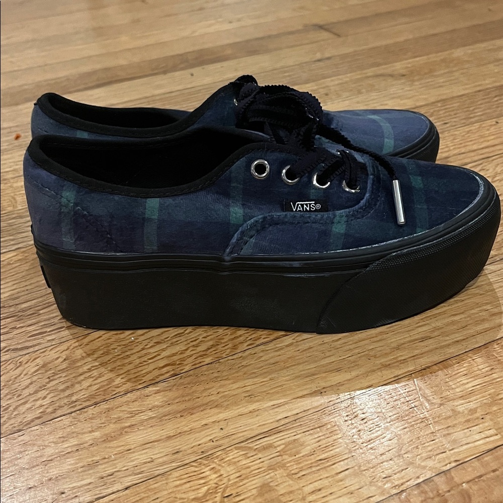 Vans Women's Authentic Stacked Velvet Plaid Green Black & Blue Platform Shoes
